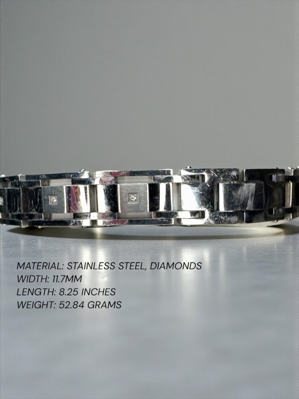 Diamond Accent Stainless Steel Link Bracelet Silver Tone Mens 2000s